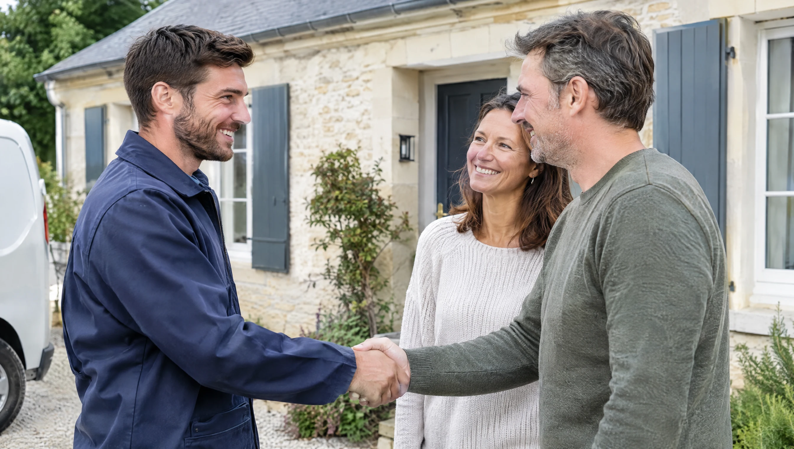 Un installateur partenaire salue des propriétaires devant leur maison rénovée